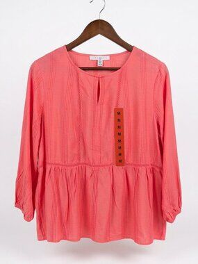 NWT  FEVER Boho Coral Peplum Blouse - Lace & Pin-tuck Details - Size Medium